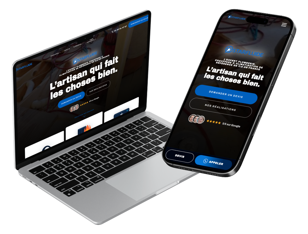 Aperçu du site Starfluide sur ordinateur portable et mobile — plomberie, chauffage et climatisation en Île-de-France
